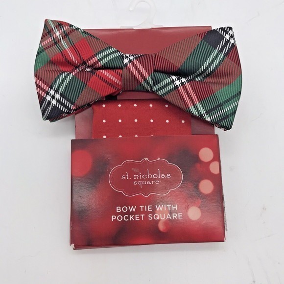 St. Nicholas Square Christmas Green Plaid Bow Tie & Red Dot Pocket Square‎ NWT - Picture 1 of 5